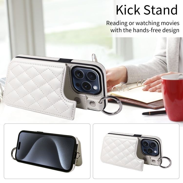 For iPhone 15 Pro Rhombic Texture Card Bag Phone Case with Short Lanyard