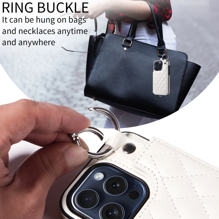 For iPhone 15 Pro Rhombic Texture Card Bag Phone Case with Short Lanyard