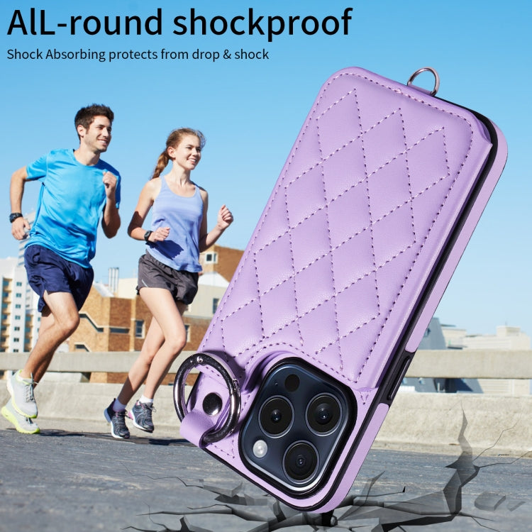 For iPhone 15 Pro Rhombic Texture Card Bag Phone Case with Short Lanyard