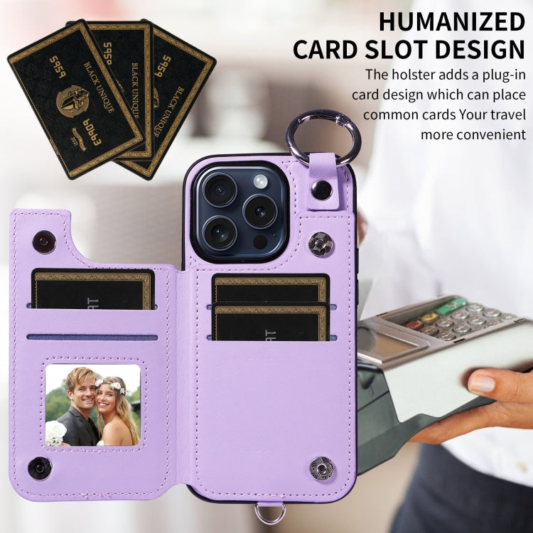 For iPhone 15 Pro Rhombic Texture Card Bag Phone Case with Short Lanyard