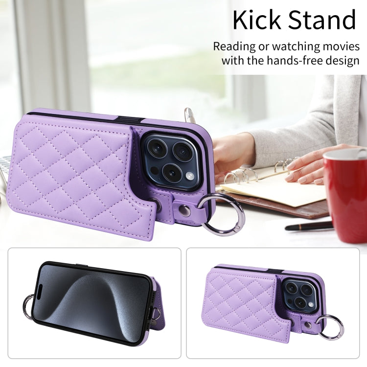 For iPhone 15 Pro Rhombic Texture Card Bag Phone Case with Short Lanyard