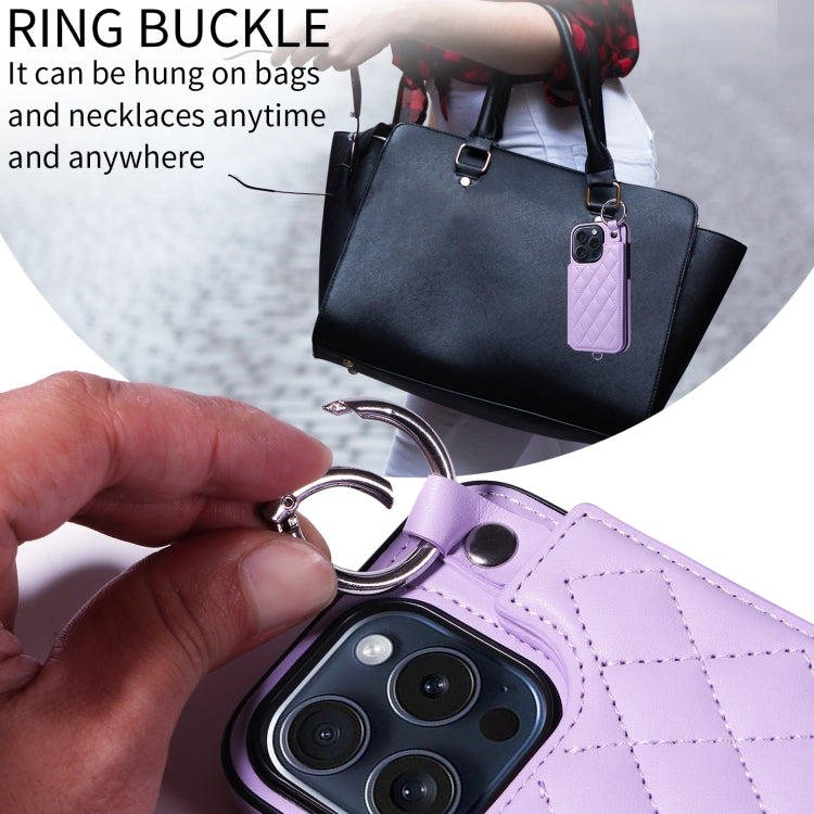 For iPhone 15 Pro Rhombic Texture Card Bag Phone Case with Short Lanyard