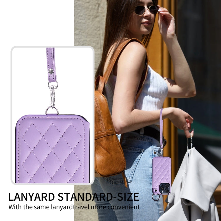 For iPhone 15 Pro Rhombic Texture Card Bag Phone Case with Short Lanyard