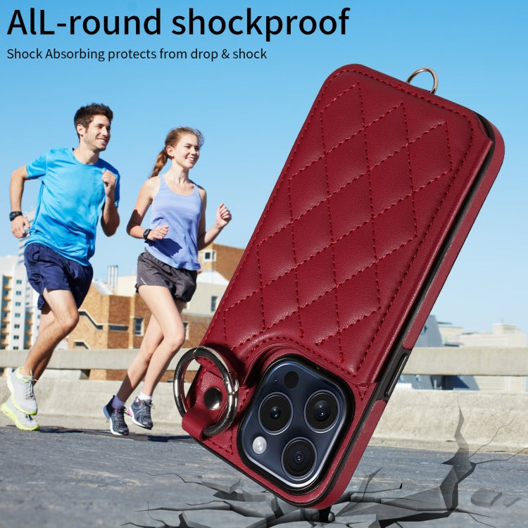 For iPhone 15 Pro Rhombic Texture Card Bag Phone Case with Short Lanyard