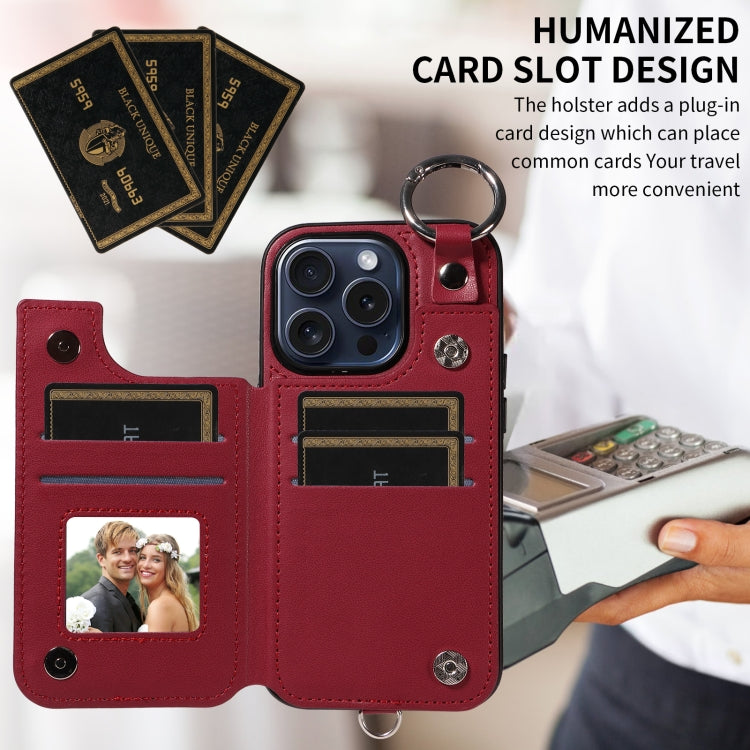 For iPhone 15 Pro Rhombic Texture Card Bag Phone Case with Short Lanyard