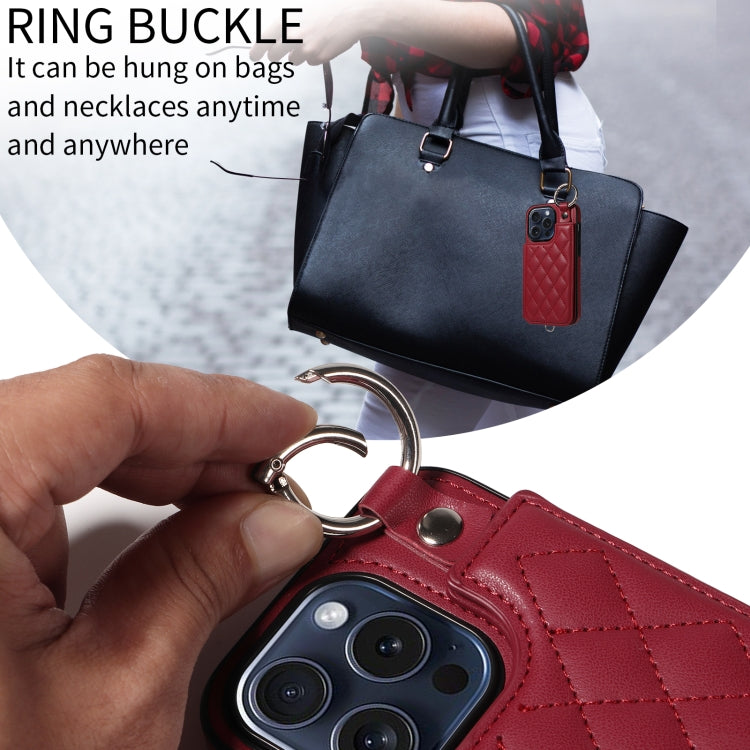 For iPhone 15 Pro Rhombic Texture Card Bag Phone Case with Short Lanyard