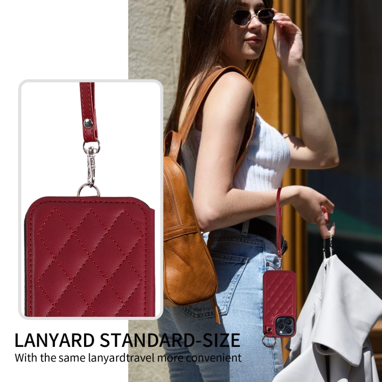 For iPhone 15 Pro Rhombic Texture Card Bag Phone Case with Short Lanyard