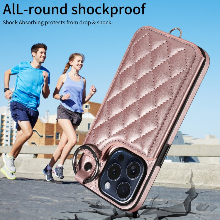 For iPhone 15 Pro Rhombic Texture Card Bag Phone Case with Short Lanyard