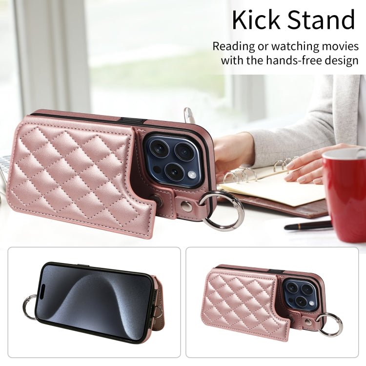 For iPhone 15 Pro Rhombic Texture Card Bag Phone Case with Short Lanyard