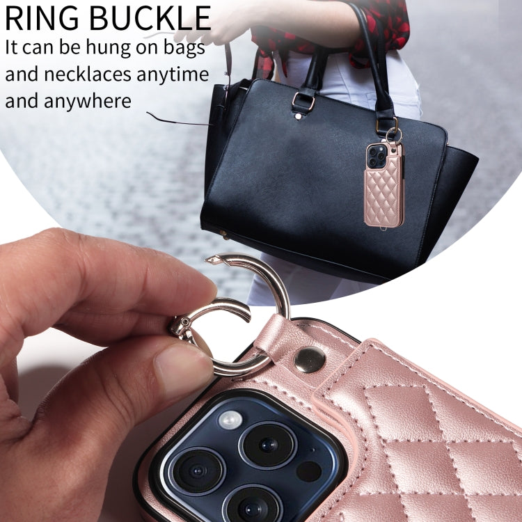 For iPhone 15 Pro Rhombic Texture Card Bag Phone Case with Short Lanyard