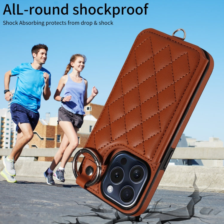 For iPhone 15 Pro Rhombic Texture Card Bag Phone Case with Short Lanyard