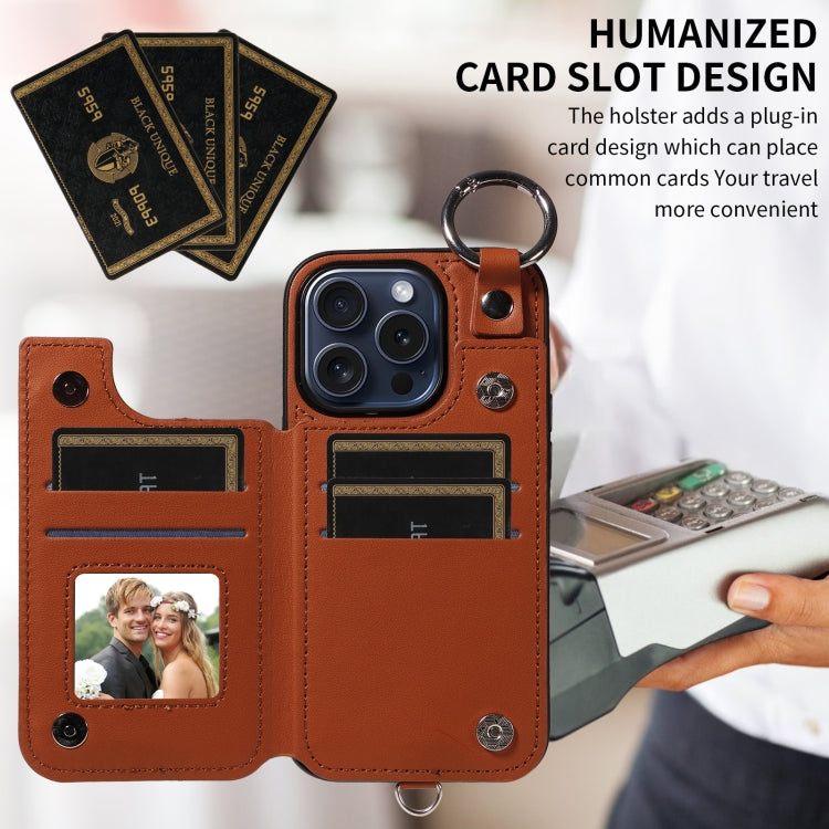 For iPhone 15 Pro Rhombic Texture Card Bag Phone Case with Short Lanyard
