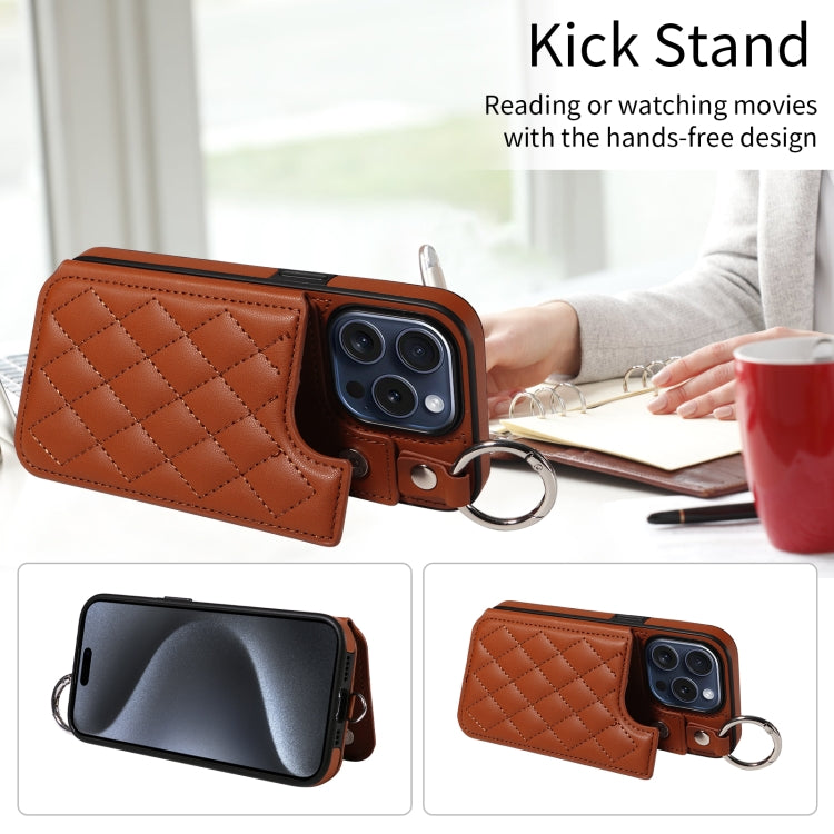 For iPhone 15 Pro Rhombic Texture Card Bag Phone Case with Short Lanyard