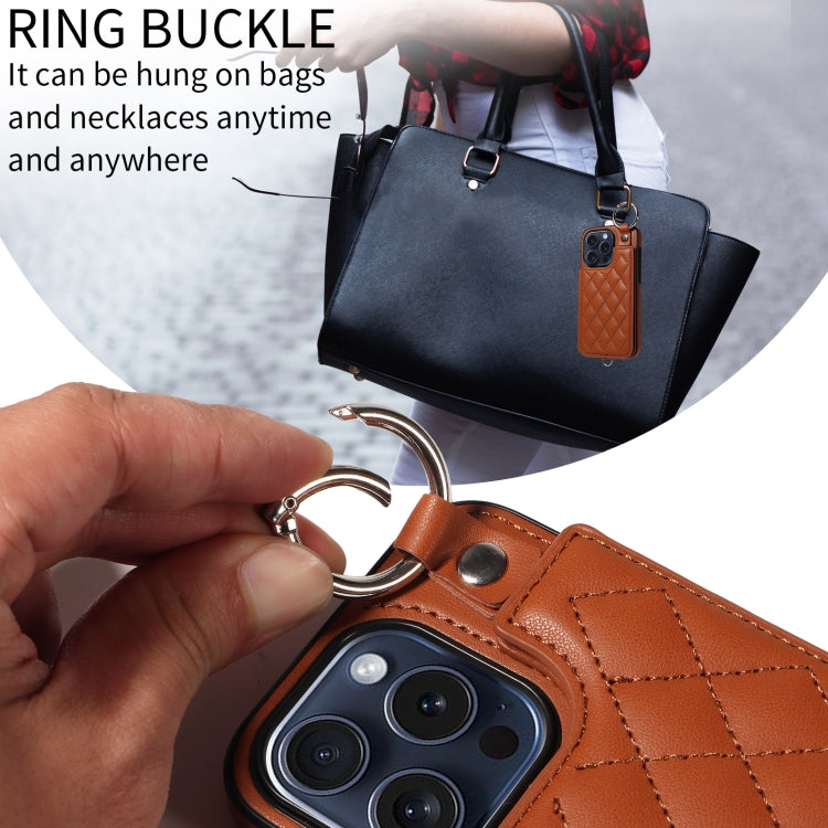 For iPhone 15 Pro Rhombic Texture Card Bag Phone Case with Short Lanyard