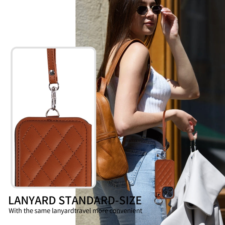For iPhone 15 Pro Rhombic Texture Card Bag Phone Case with Short Lanyard