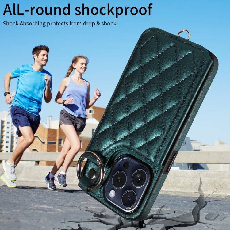 For iPhone 15 Pro Rhombic Texture Card Bag Phone Case with Short Lanyard