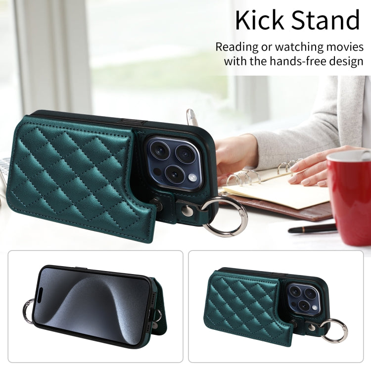 For iPhone 15 Pro Rhombic Texture Card Bag Phone Case with Short Lanyard