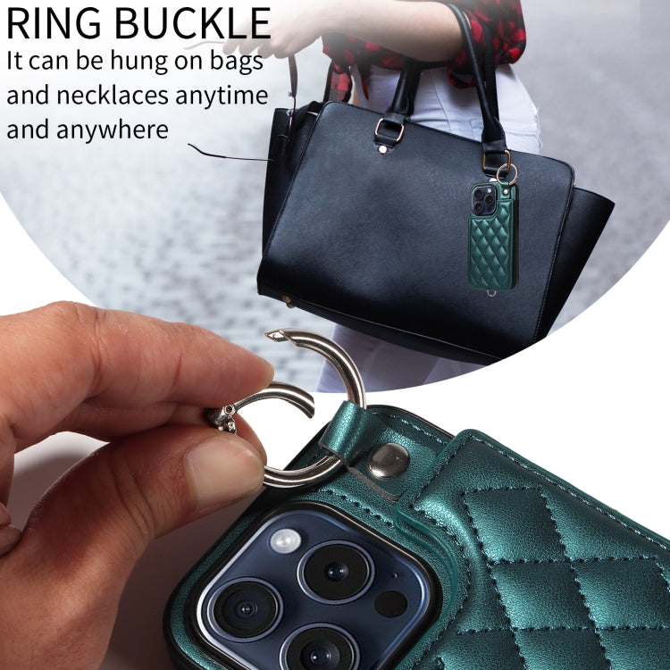 For iPhone 15 Pro Rhombic Texture Card Bag Phone Case with Short Lanyard
