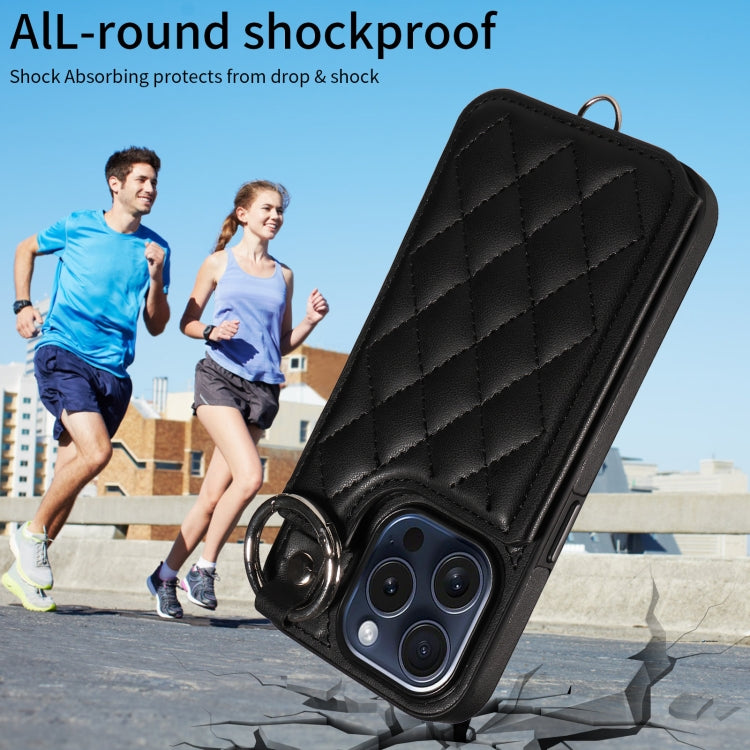 For iPhone 15 Pro Rhombic Texture Card Bag Phone Case with Short Lanyard