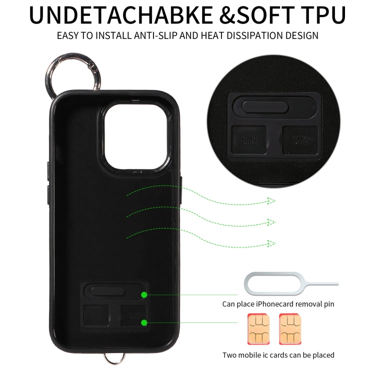 For iPhone 15 Pro Rhombic Texture Card Bag Phone Case with Short Lanyard