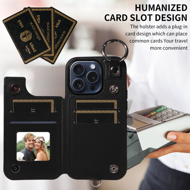For iPhone 15 Pro Rhombic Texture Card Bag Phone Case with Short Lanyard