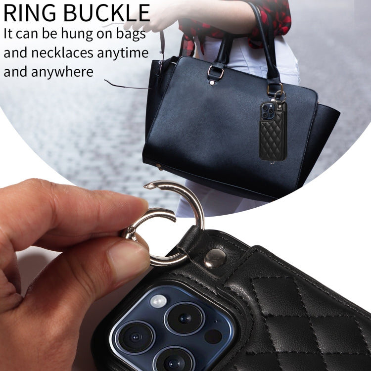 For iPhone 15 Pro Rhombic Texture Card Bag Phone Case with Short Lanyard