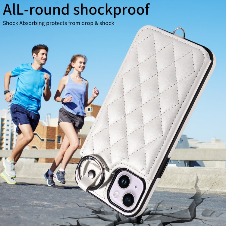 For iPhone 15 Plus / 14 Plus Rhombic Texture Card Bag Phone Case with Short Lanyard
