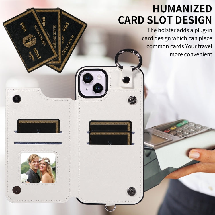 For iPhone 15 Plus / 14 Plus Rhombic Texture Card Bag Phone Case with Short Lanyard
