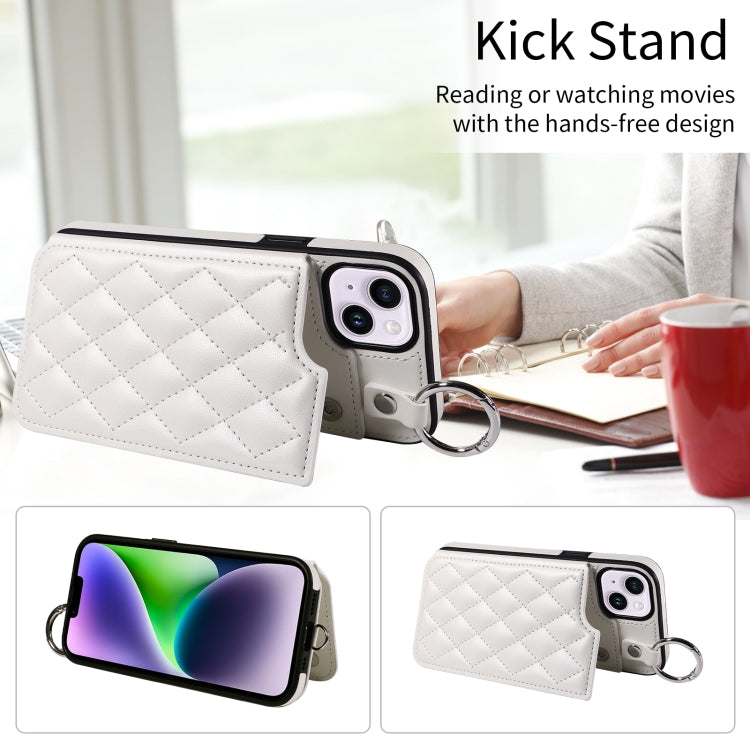 For iPhone 15 Plus / 14 Plus Rhombic Texture Card Bag Phone Case with Short Lanyard