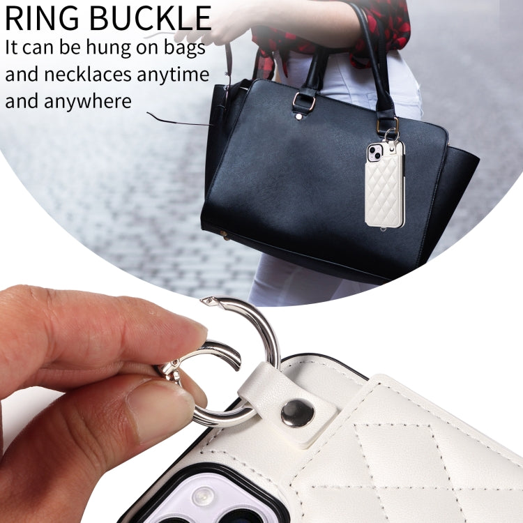 For iPhone 15 Plus / 14 Plus Rhombic Texture Card Bag Phone Case with Short Lanyard