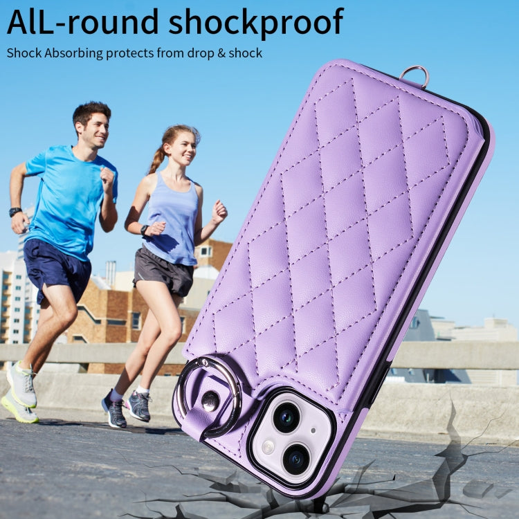 For iPhone 15 Plus / 14 Plus Rhombic Texture Card Bag Phone Case with Short Lanyard