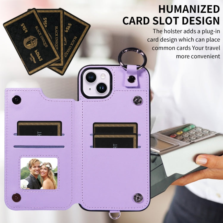 For iPhone 15 Plus / 14 Plus Rhombic Texture Card Bag Phone Case with Short Lanyard