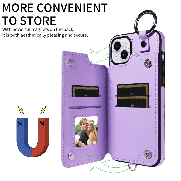 For iPhone 15 Plus / 14 Plus Rhombic Texture Card Bag Phone Case with Short Lanyard