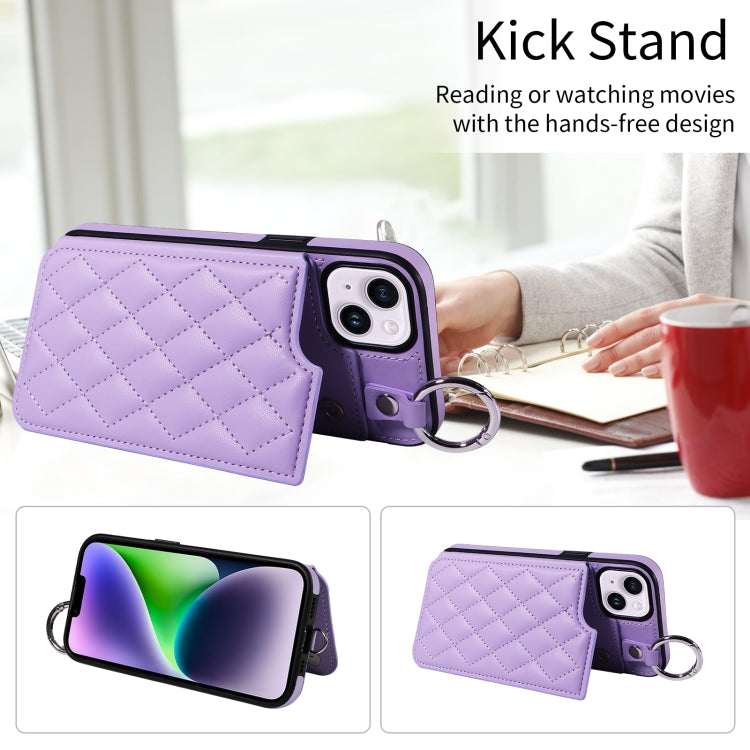For iPhone 15 Plus / 14 Plus Rhombic Texture Card Bag Phone Case with Short Lanyard