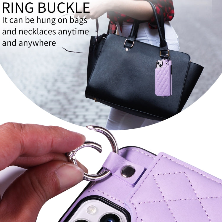 For iPhone 15 Plus / 14 Plus Rhombic Texture Card Bag Phone Case with Short Lanyard