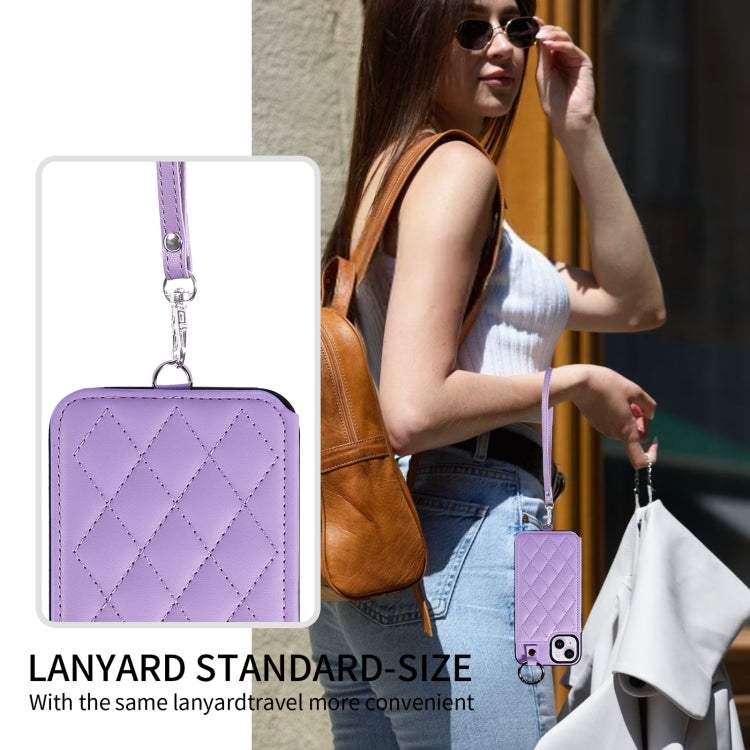 For iPhone 15 Plus / 14 Plus Rhombic Texture Card Bag Phone Case with Short Lanyard