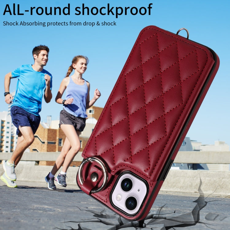For iPhone 15 Plus / 14 Plus Rhombic Texture Card Bag Phone Case with Short Lanyard