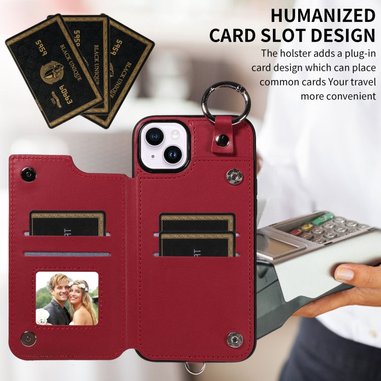 For iPhone 15 Plus / 14 Plus Rhombic Texture Card Bag Phone Case with Short Lanyard