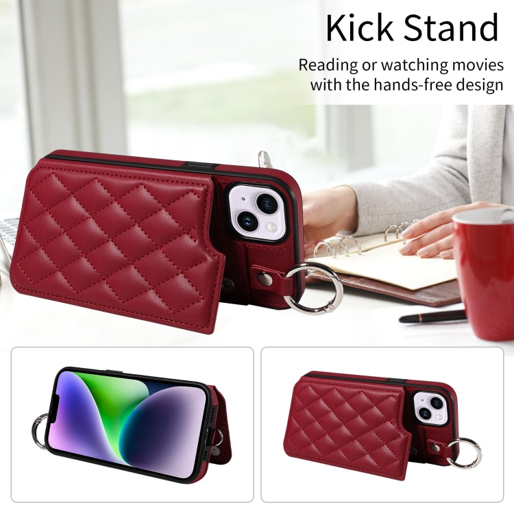 For iPhone 15 Plus / 14 Plus Rhombic Texture Card Bag Phone Case with Short Lanyard