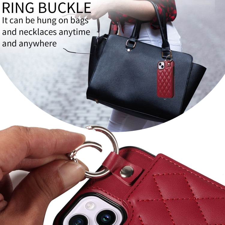 For iPhone 15 Plus / 14 Plus Rhombic Texture Card Bag Phone Case with Short Lanyard