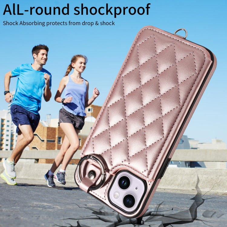 For iPhone 15 Plus / 14 Plus Rhombic Texture Card Bag Phone Case with Short Lanyard