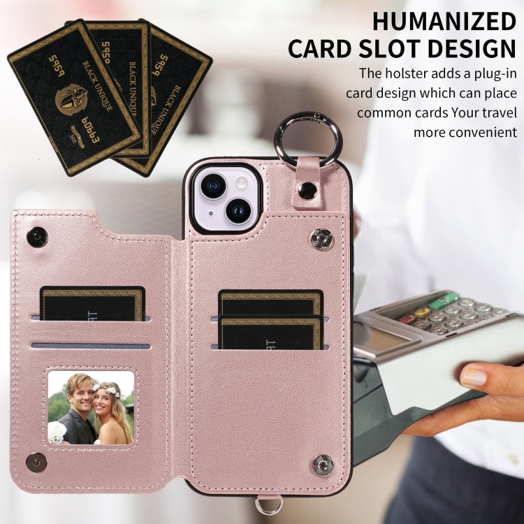 For iPhone 15 Plus / 14 Plus Rhombic Texture Card Bag Phone Case with Short Lanyard