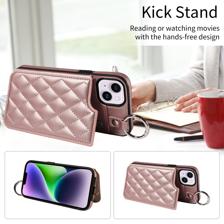 For iPhone 15 Plus / 14 Plus Rhombic Texture Card Bag Phone Case with Short Lanyard