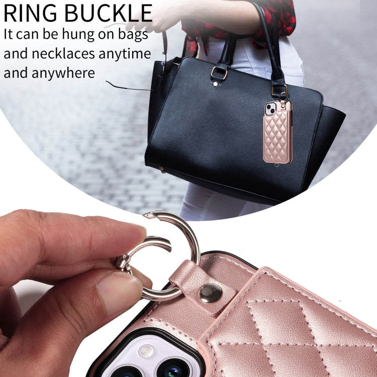 For iPhone 15 Plus / 14 Plus Rhombic Texture Card Bag Phone Case with Short Lanyard