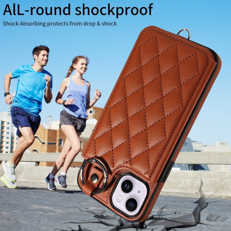 For iPhone 15 Plus / 14 Plus Rhombic Texture Card Bag Phone Case with Short Lanyard