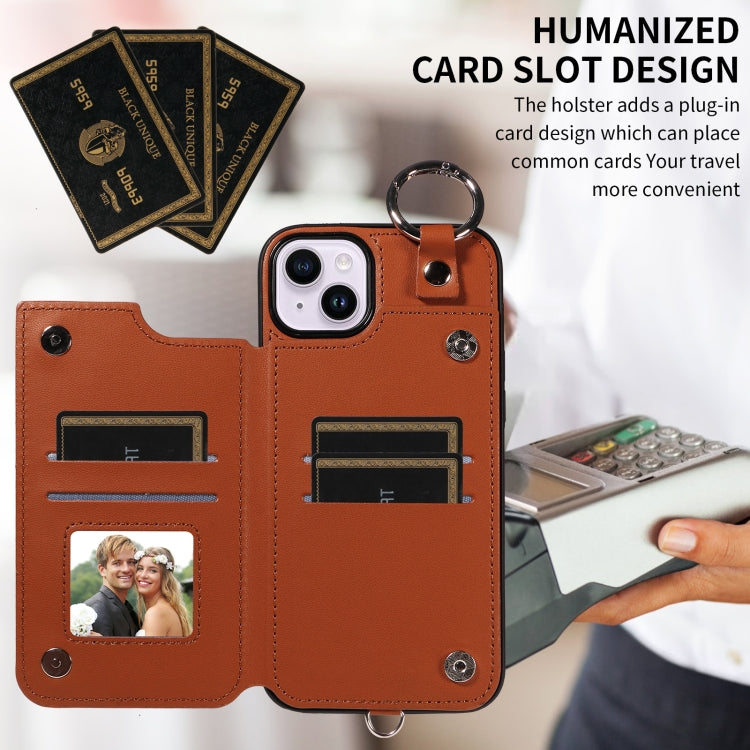 For iPhone 15 Plus / 14 Plus Rhombic Texture Card Bag Phone Case with Short Lanyard