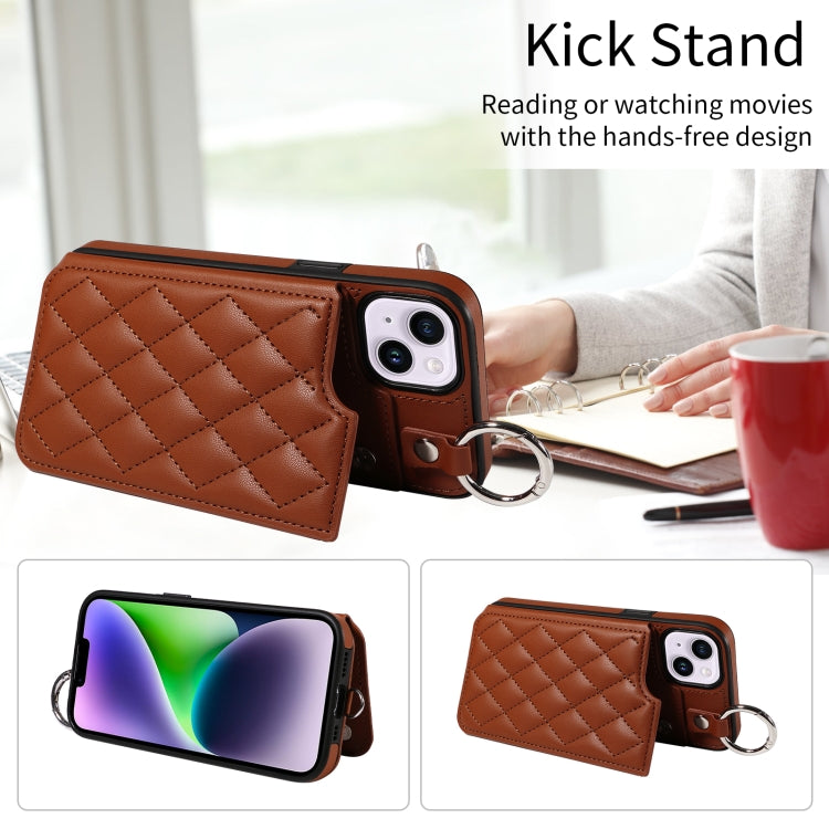 For iPhone 15 Plus / 14 Plus Rhombic Texture Card Bag Phone Case with Short Lanyard
