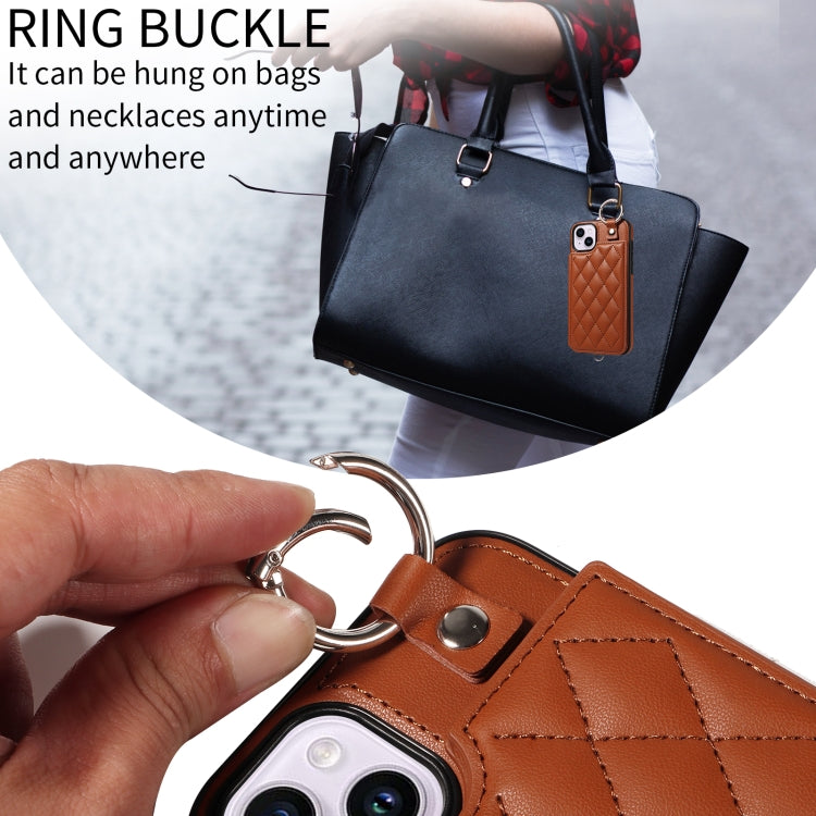 For iPhone 15 Plus / 14 Plus Rhombic Texture Card Bag Phone Case with Short Lanyard
