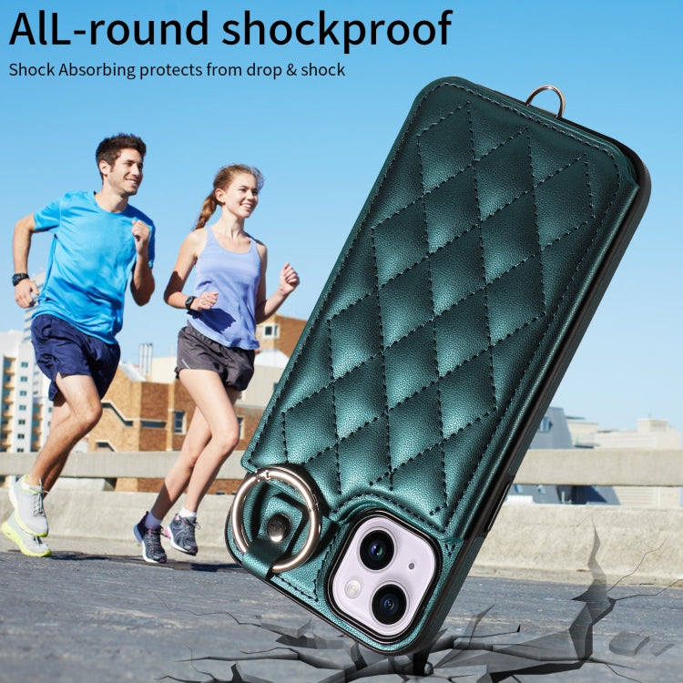 For iPhone 15 Plus / 14 Plus Rhombic Texture Card Bag Phone Case with Short Lanyard