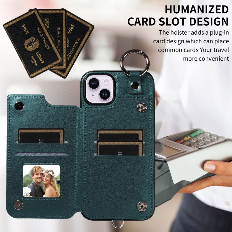 For iPhone 15 Plus / 14 Plus Rhombic Texture Card Bag Phone Case with Short Lanyard